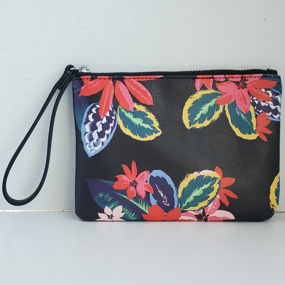Old Navy Blk Wristlet Pouch w/ MultiColor Flowers Used Bag Card Slots *READ*